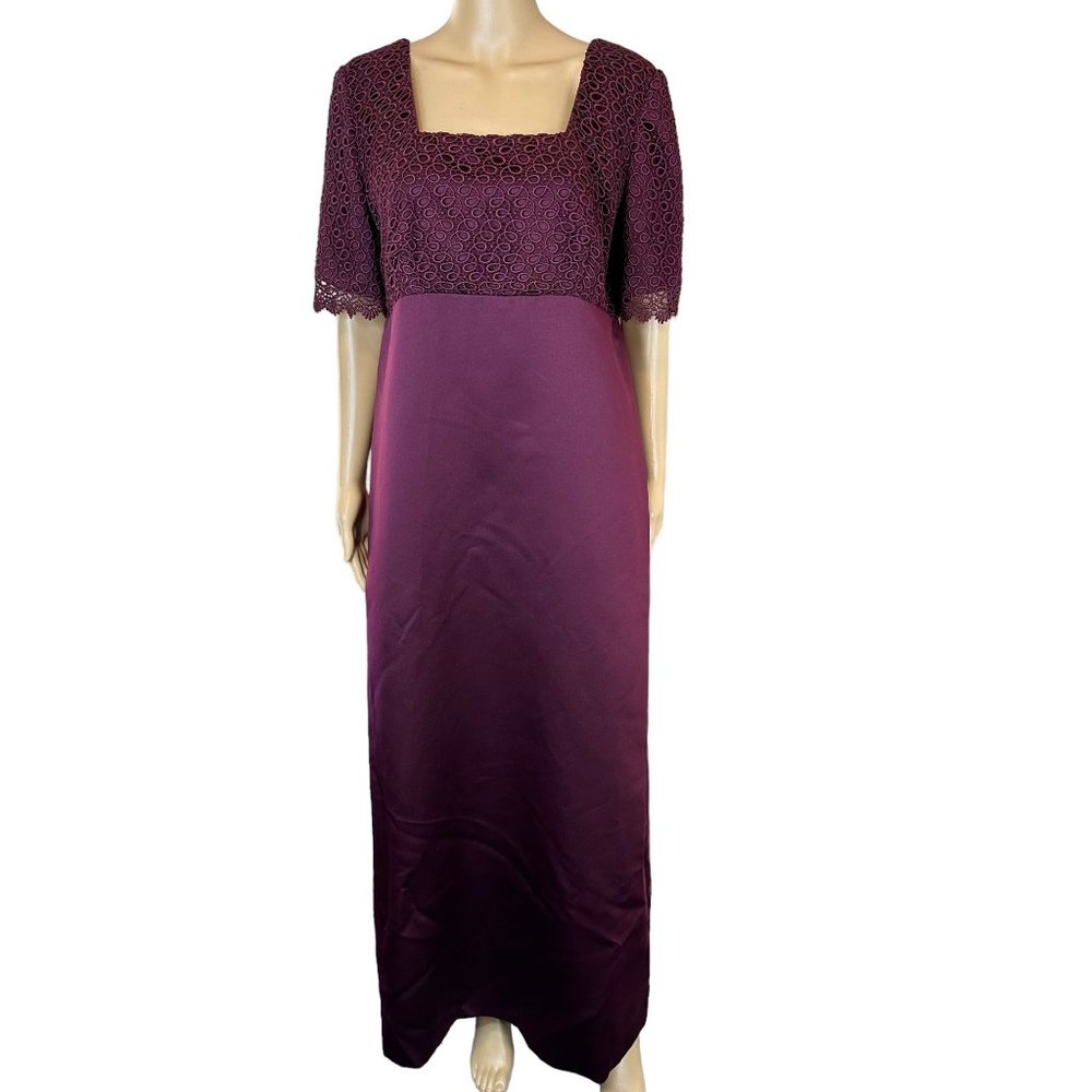 Vintage Fran Milito Cocktail Maxi Dress Size XL Burgundy Lace Lined Slit